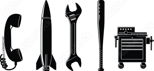 Black silhouettes of vintage telephone rocket spaceship adjustable wrench baseball bat and industrial tool cabinet for workshop retro tech and sports equipment vector graphics,