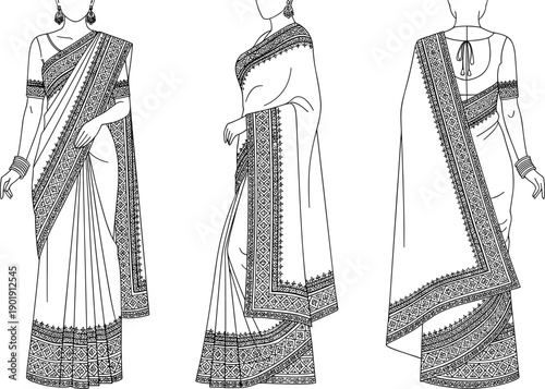Line art of Indian women wearing traditional sarees with intricate embroidered borders for South Asian fashion design wedding apparel ethnic textile and cultural graphics,