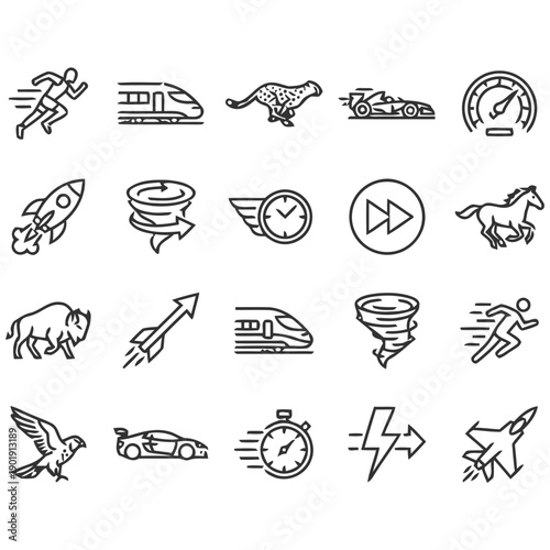 Speed and motion icons representing fast movement velocity and quickness in transportation and sports for efficiency and power