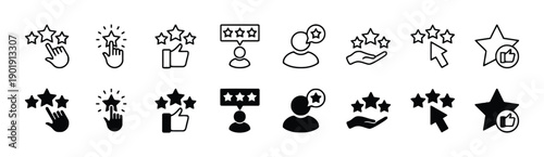 Star rating and feedback icons with fingers pointing, thumbs up, and speech bubbles to represent customer reviews, satisfaction levels, and user opinions
