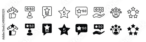 Star rating icons with user, hand, and speech bubble for feedback and review, in outline and filled versions