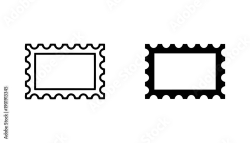 Stamp icon in outline and solid black styles, showing a rectangle with perforated edges, perfect for postal service, mail, and collectible themes, simple graphic representation.