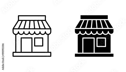 storefront building icon outline and filled version for retail business, small shop exterior with awning doors and windows, graphic symbol for commerce and services, clean design