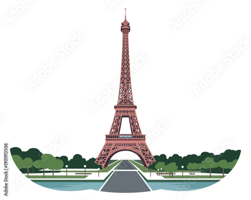 The Eiffel Tower stands tall in Paris with a scenic road and trees in the foreground.