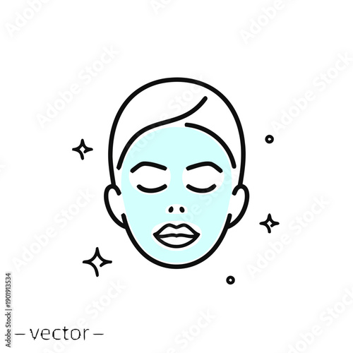 Stylized icon depicting face with closed eyes wearing light blue facial mask and sparkling effects, symbolizing skincare and beauty treatments.