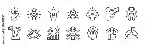 Success and achievement icons with hands stars trophies and climbing stairs symbolizing victory motivation goal accomplishment career growth and leadership recognition vector set