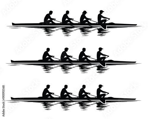 A group of rowers in a boat on the water in different positions