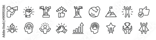 Success and achievement line icons, motivation, leadership, goal setting, winning, celebration, teamwork, performance improvement, personal growth, positive feedback, inspiration