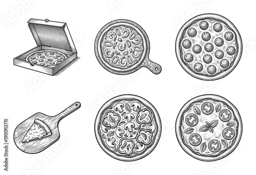 Vintage hand drawn pizza illustration set featuring various toppings, boxes, and serving paddles in a classic woodcut etching style.