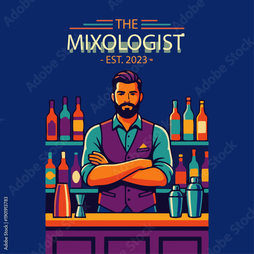 “Flat vector bartender character poster, waist-up portrait, arms crossed, confident posture, strong outline, solid background, professional bar identity design”