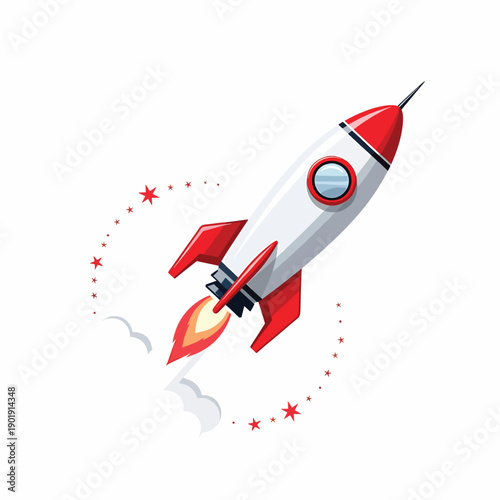 A cartoon rocket ship blasts off into space with stars