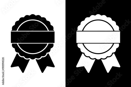 Rosette Award Ribbon Icon. Flat Badge Medal and Quality Guarantee Symbol Vector Black White