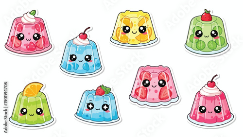 Cute Kawaii Desserts Collection: Strawberry, Blue Raspberry, and Orange Jelly Pudding with Fruits