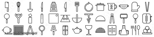 Kitchenware line icon set. Vector pictograms of cleaver, whisk, ladle, grater, pot, colander, toaster, apron, cutlery, and teapot, thin outline illustration.