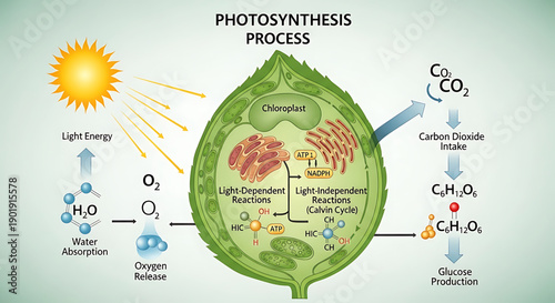 Photosynthesis process diagram showing light and dark reactions in a green leaf with chloroplasts
