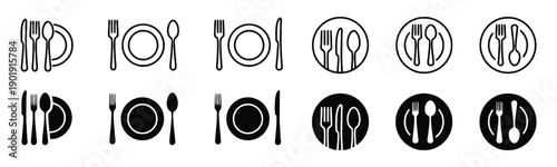 Table setting icon collection with various cutlery arrangements on plates including forks spoons and knives in both outline and solid styles for menus