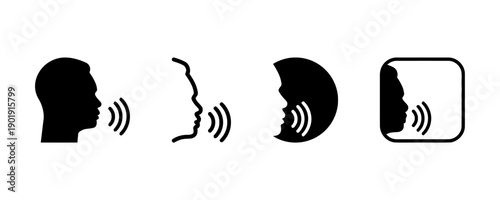 Talking human silhouette and sound wave icons representing speech conversation speaking and communication technology for voice assistants and audio signals vector graphic