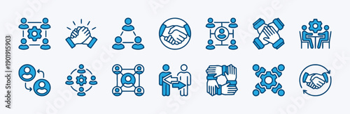 Teamwork collaboration and partnership icons, group of people working together, handshake, networking and corporate synergy concepts.