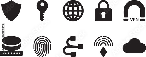 Technology and connectivity icons showing VPN, shield, key, globe, fingerprint, network, and cloud, representing internet security, data transfer, and digital infrastructure solutions.