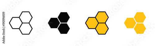 Three hexagonal honeycomb cells shown in different styles and colors, representing natural structure, sweetness, and bee products