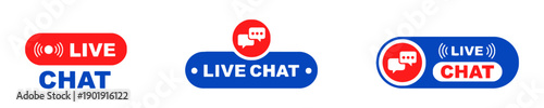 Three live chat icons with speech bubbles and wifi signal, red and blue colors, representing online communication and real-time conversation.