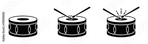 Three stylized icons of snare drums in different states: plain, with drumsticks, and actively being played with sticks.