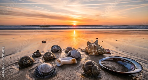 Wallpaper Mural Seashells and sandcastle on a beach at sunset. Torontodigital.ca