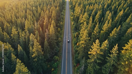 Aerial view of a car driving down a straight road through a dense forest.