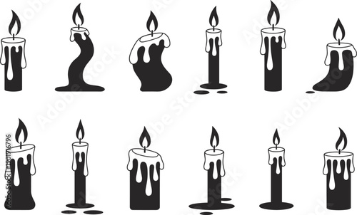 Black and white candle illustrations with melting wax drips, decorative flame variations, stylized candle silhouettes, vector art for design, iconography, spiritual, festive, and decorative projects