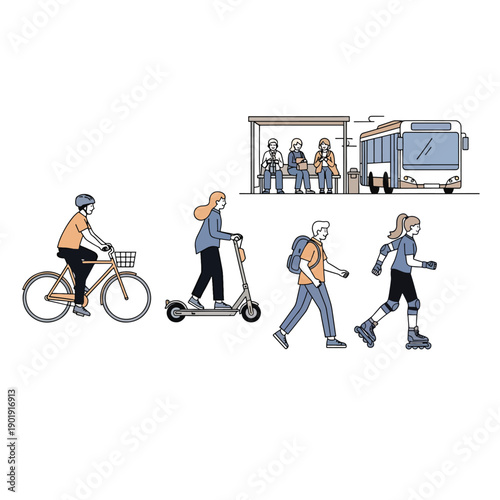 A colorful illustration of people commuting to work or school