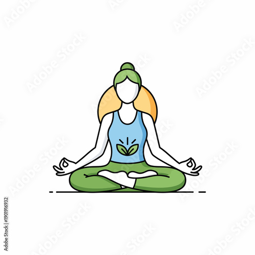 A cartoon woman meditates peacefully in lotus position