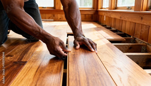 African American man is installing wooden flooring in a bright room with large windows, showcasing craftsmanship and attention to detail in home improvement project