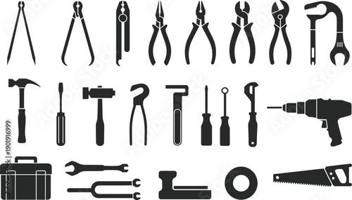 Black silhouette icons of diverse hand tools and power tools including pliers, wrenches, hammers, screwdrivers, drill, saw, and toolbox for construction, repair, and DIY projects