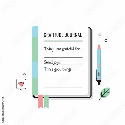 A digital illustration of a gratitude journal with a pencil