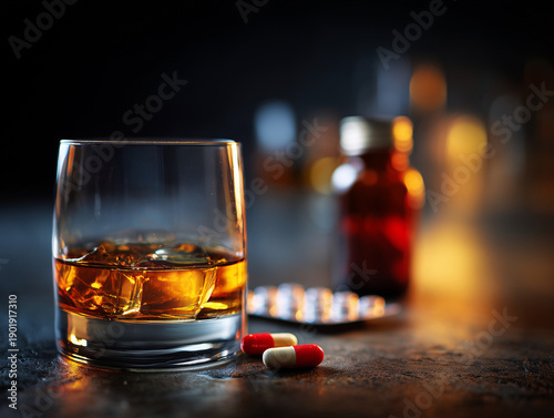 Alcohol and Prescription Medication Interaction Risk Concept Showing Health and Safety Warning