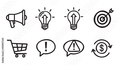 Collection of flat design icons representing business and idea concepts