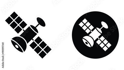 Stylized satellite icons with solar panels and dish antenna in black and white, standalone and circular background designs, communication technology vector for navigation, broadcasting, and space sci 