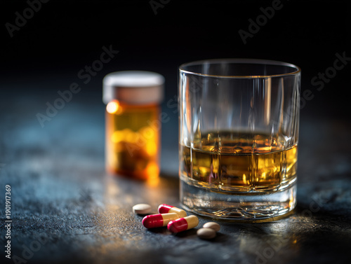 Alcohol and Prescription Medication Interaction Risk Concept Showing Health and Safety Warning