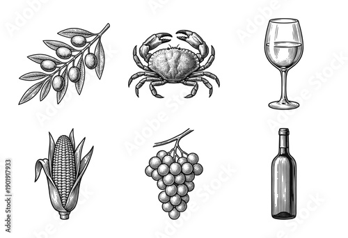Vintage hand drawn engraving illustration set featuring mediterranean food elements including olives crab wine corn and grapes