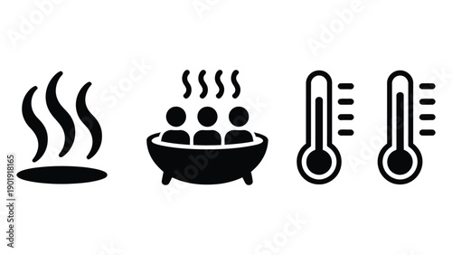 Black heat and warmth icons including steam lines, hot tub sauna with people, and thermometer symbols, graphic vector illustration for temperature, spa, wellness, heating, and safety signage