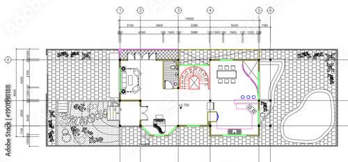 Vector sketch illustration of engineering drawing of construction design of simple house plan with interior