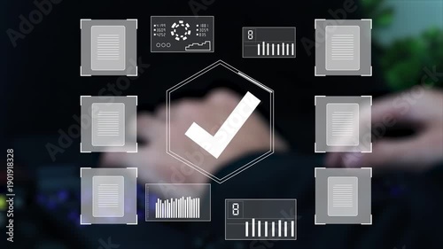 Digital verification concept with glowing check mark, document checklist, and workflow interface. Represents compliance management, approval system, data validation.
