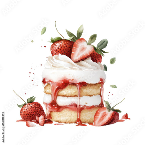 Watercolor illustration of strawberry shortcake, isolated on a white background, providing an elegant and artistic portrayal. cutout PNG