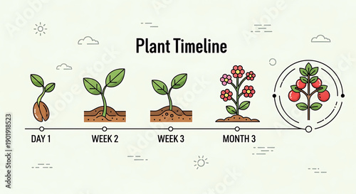 Plant growth stages timeline from seed to fruit bearing with green leaves and red berries on a light background