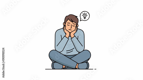 A man sits cross-legged with his hands on his face and a thought bubble
