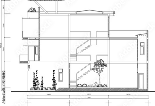 Vector sketch illustration of silhouette image of section view design of house building construction facade with modern minimalist interior