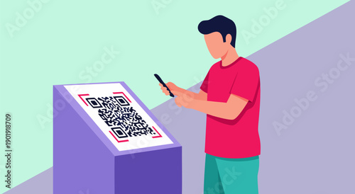 Vector illustration of a person scanning a QR code with their smartphone on a stand, modern graphic