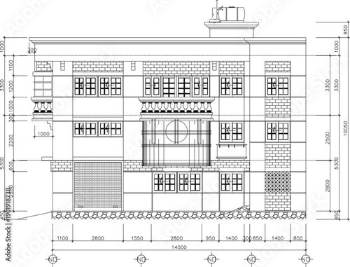 Vector sketch illustration of engineering drawing of construction design section view of classic vintage European cafe building facade