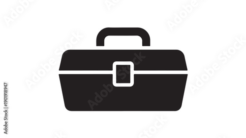 Black briefcase with silver clasp in simple flat design on white background for business icon