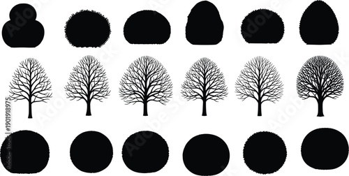 Set of tree and bush silhouettes, black plant icons for landscape design, garden greenery vector elements, isolated botanical shapes for architectural site plans.